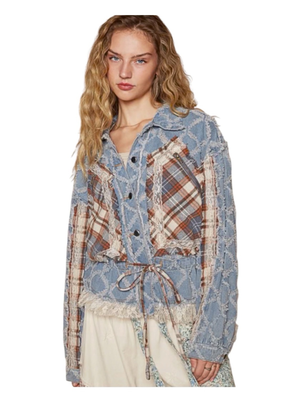 POL Textured Denim Jacket with Plaid and Lace Details in Denim